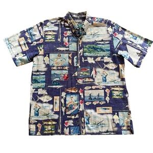 Bluewater Wear Hawaiian beach fishing novelty print button down shirt Men’s XL